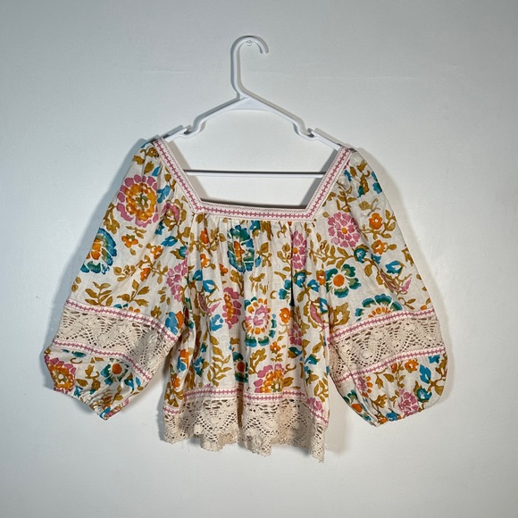 Christian Siriano Linen Boho Floral Peasant Blouse XL Embroidered & Puff Sleeves - Picture 6 of 8